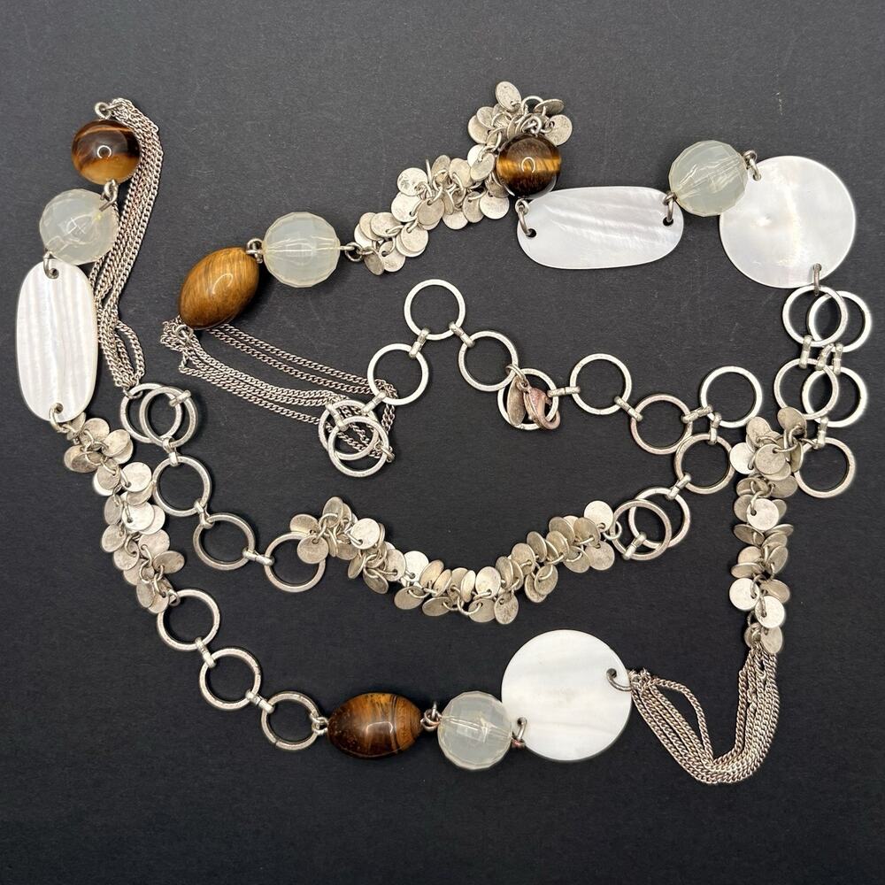 Vintage Lia Sophia Necklace Silver Tone Mother of Pearl MOP Tiger Eye‎ Chain 42”